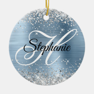Silver Glitter Light Blue Foil Fancy Monogram Ceramic Tree Decoration