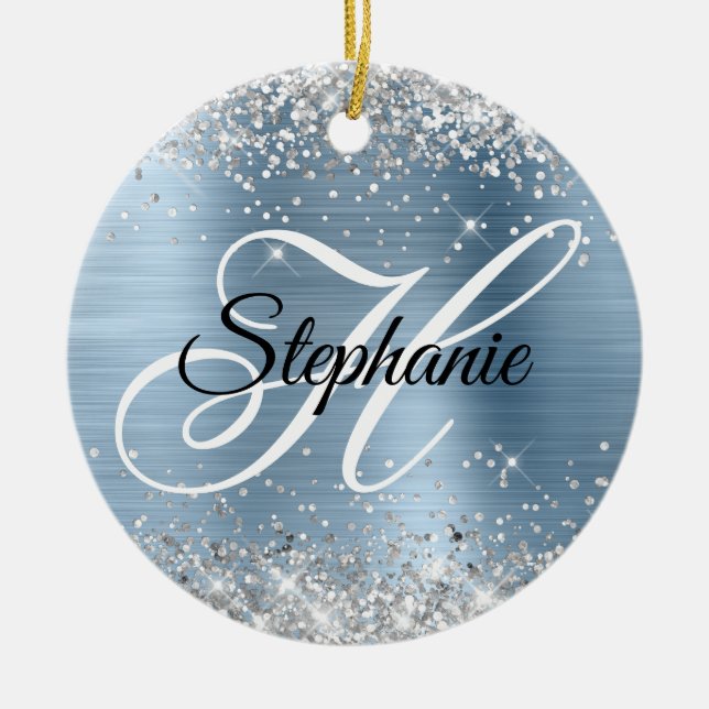 Silver Glitter Light Blue Foil Fancy Monogram Ceramic Tree Decoration (Front)