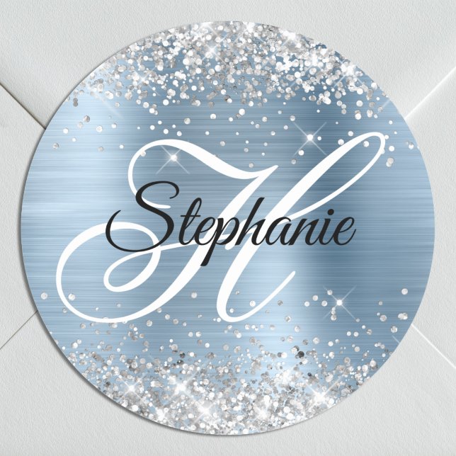 Silver Glitter Light Blue Foil Fancy Monogram Classic Round Sticker (Silver Glitter Light Blue Foil Fancy Monogram Classic Round Sticker)