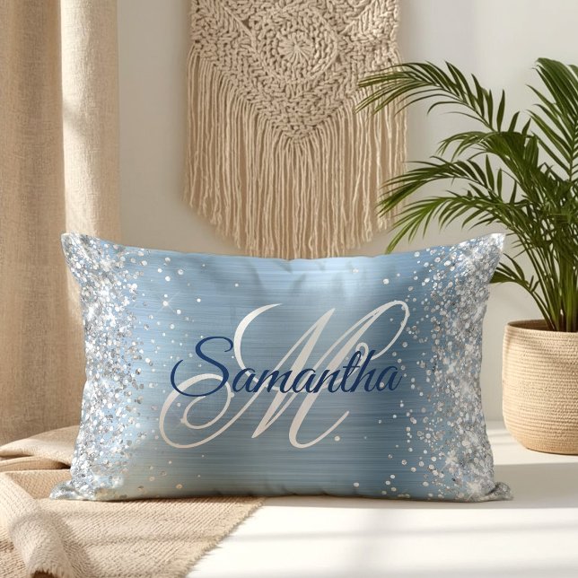 Silver Glitter Light Blue Foil Fancy Monogram Lumbar Cushion (Silver Glitter Light Blue Foil Fancy Monogram Lumbar Pillow)