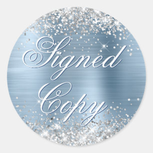 Silver Glitter Light Blue Foil Fancy Signed Copy Classic Round Sticker