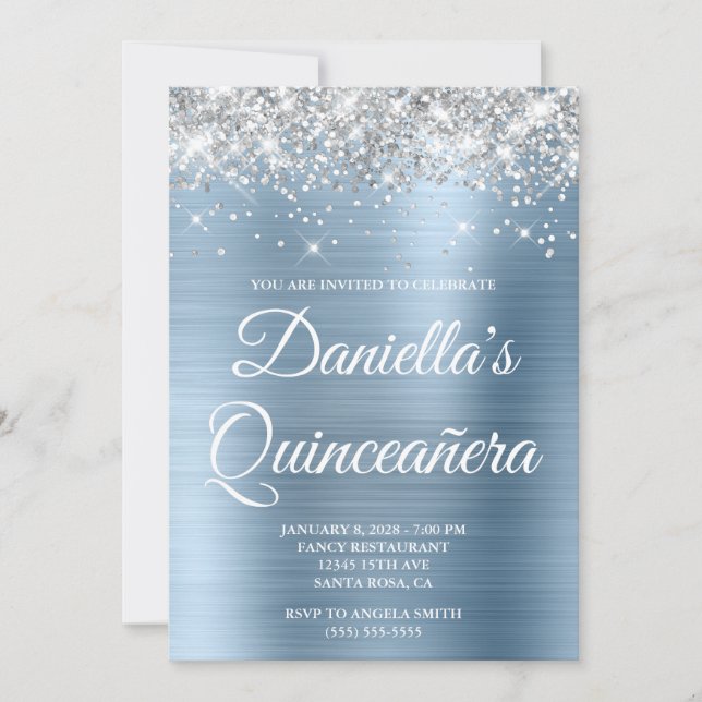 Silver Glitter Light Blue Foil Quinceañera Invitation (Front)