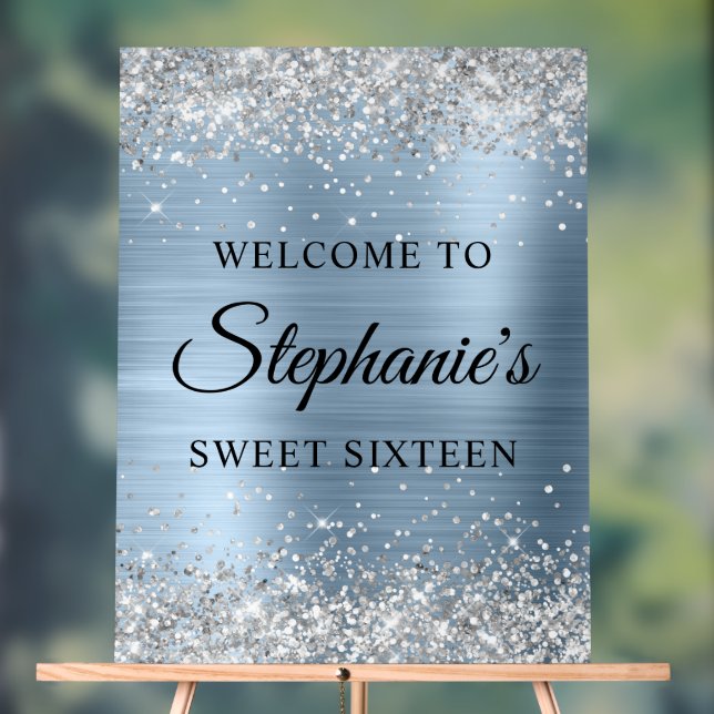 Silver Glitter Light Blue Foil Sweet Sixteen Acrylic Sign (Neutral)