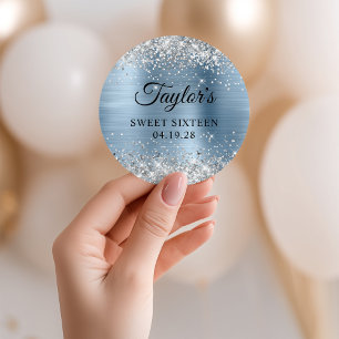 Silver Glitter Light Blue Foil Sweet Sixteen Classic Round Sticker