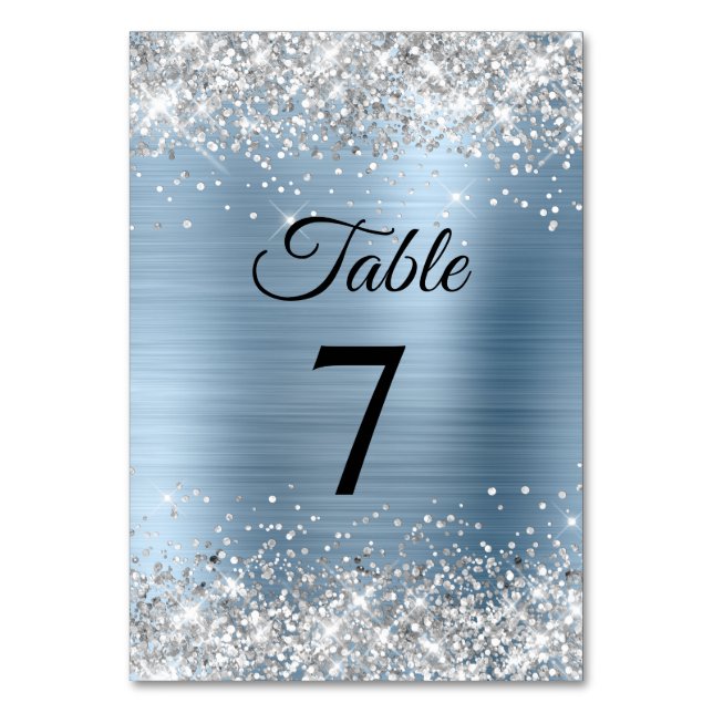 Silver Glitter Light Blue Foil Table Number (Front)