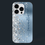 Silver Glitter Light Blue Glam Girly Signature Case-Mate iPhone 14 Pro Case<br><div class="desc">Girly faux sparkly rose gold glitter highlights on the left edge over a faux light and pale blue brushed metal ombre foil.
The modern girly signature features an elegant calligraphy font with decorative tails. 
Customise the font styles to create your own phone gear for her.</div>