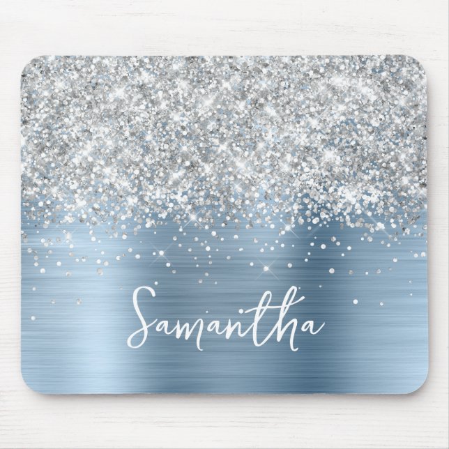Silver Glitter Light Blue Glam Name Mouse Pad (Front)