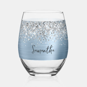 Silver Glitter Light Blue Glam Name Stemless Wine Glass
