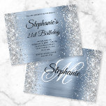 Silver Glitter Light Blue Monogram 21st Birthday Invitation<br><div class="desc">Create your own fancy monogram stylish milestone 21st birthday celebration horizontal format 5x7 invitation for her. Decorative faux sparkly silver glitter graphics border the edges on a faux silvery grey metallic style foil digital art. Customise the invitation and monogram font colours or styles. You can also delete any text template...</div>