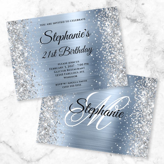 Silver Glitter Light Blue Monogram 21st Birthday Invitation (Creator Uploaded)