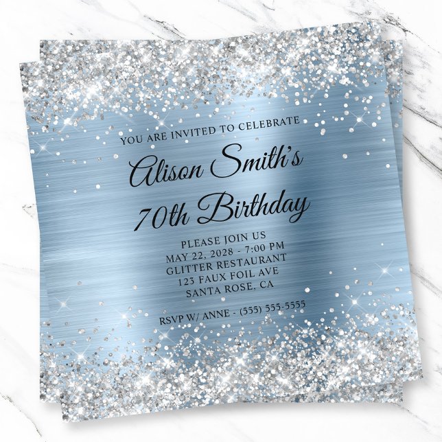 Silver Glitter Light Blue Monogram 70th Birthday Invitation (Silver Glitter Light Blue Monogram 70th Birthday Invitation)