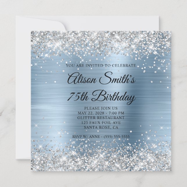 Silver Glitter Light Blue Monogram 75th Birthday Invitation (Front)