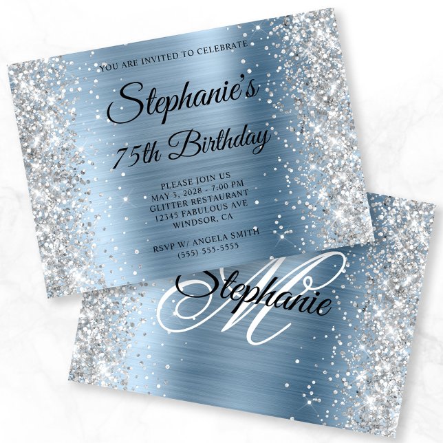 Silver Glitter Light Blue Monogram 75th Birthday Invitation (Silver Glitter Light Blue Monogram 75th Birthday Invitation)