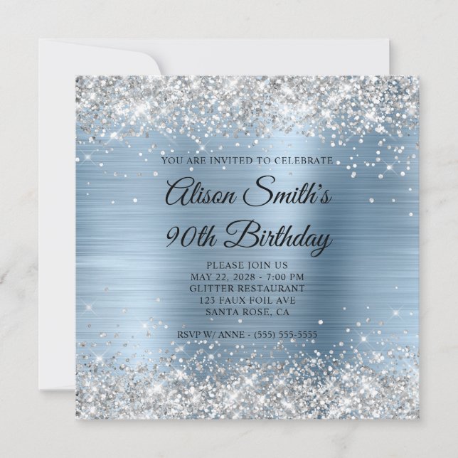 Silver Glitter Light Blue Monogram 90th Birthday Invitation (Front)