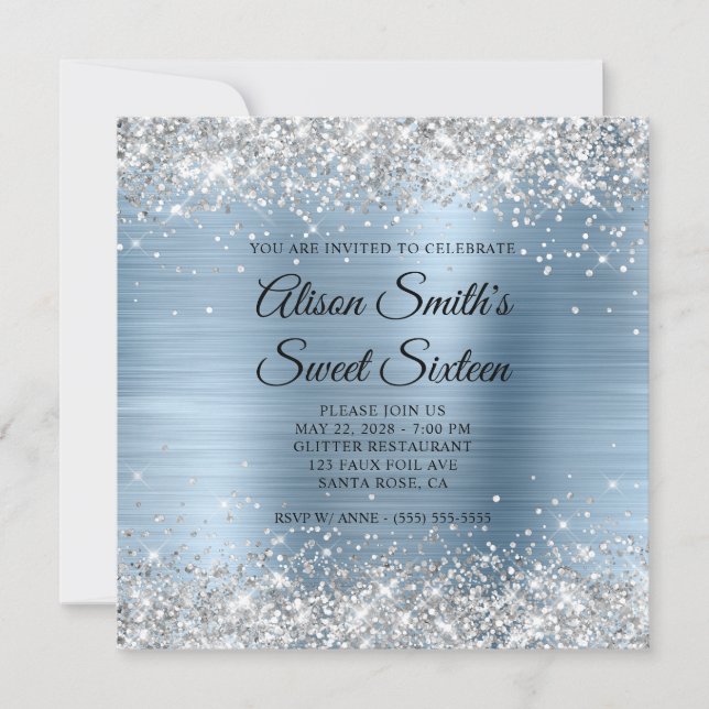 Silver Glitter Light Blue Monogram Sweet Sixteen Invitation (Front)