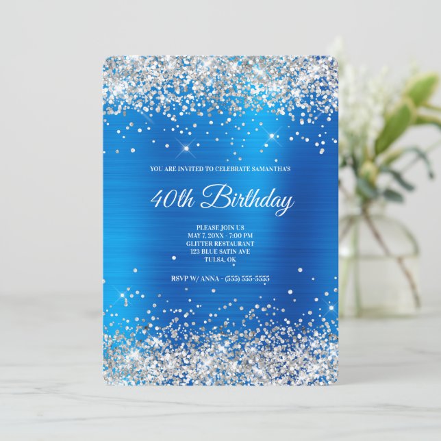 Silver Glitter Light Blue Satin Foil 40th Birthday Invitation (Standing Front)