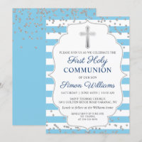 Silver Glitter Light Blue Stripes First Communion