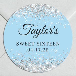 Silver Glitter Light Blue Sweet Sixteen Classic Round Sticker