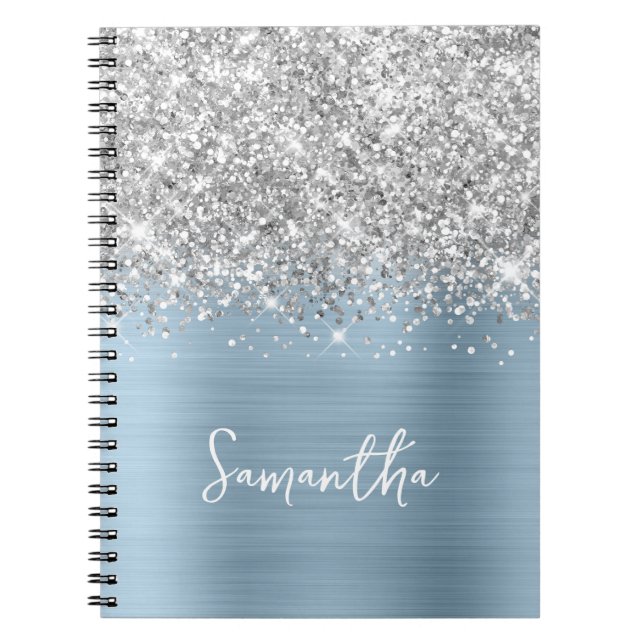Silver Glitter Light Dusty Blue Glam Script Name Notebook (Front)