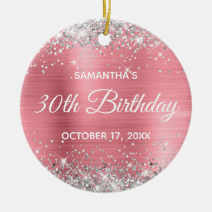 Silver Glitter Light Pink Foil 30th Birthday Ceramic Tree Decoration