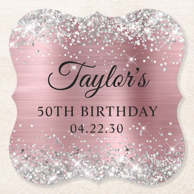 Silver Glitter Light Pink Foil 50th Birthday Paper Coaster (Front)