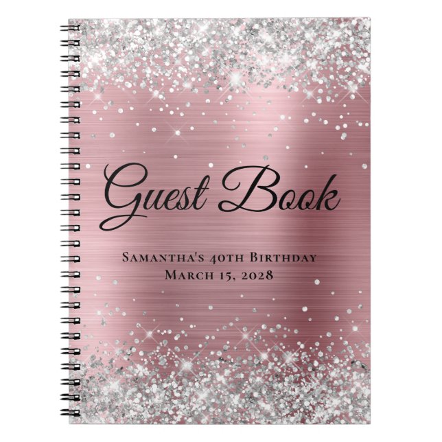 Silver Glitter Light Pink Foil Birthday Guest Notebook (Front)