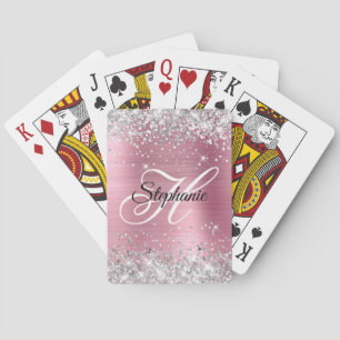 Silver Glitter Light Pink Foil Fancy Monogram Playing Cards