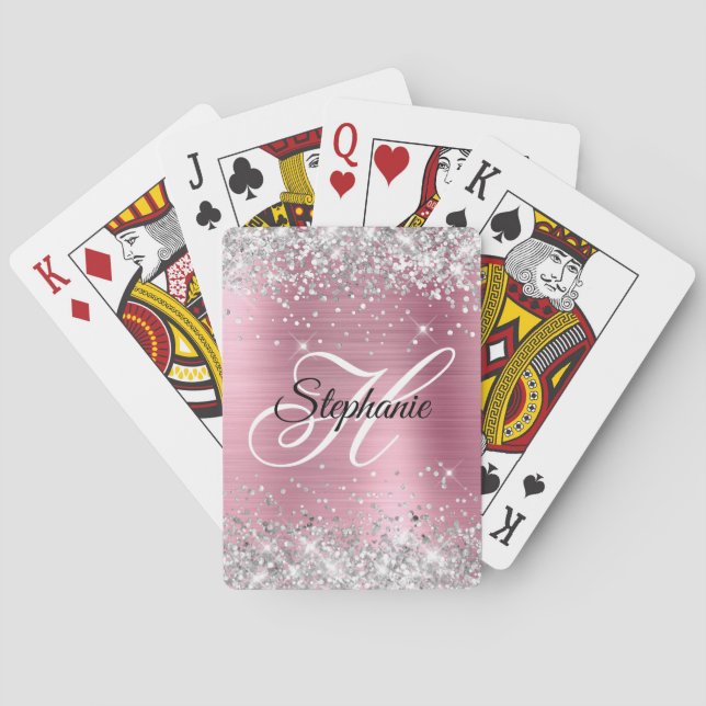 Silver Glitter Light Pink Foil Fancy Monogram Playing Cards (Back)