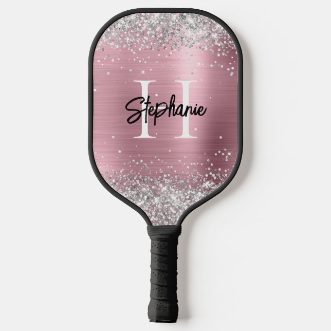 Silver Glitter Light Pink Foil Monogrammed Pickleball Paddle (Back)