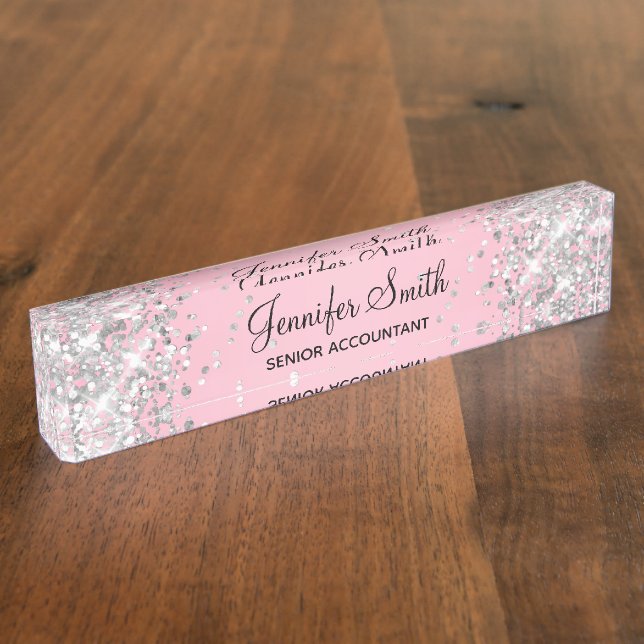 Silver Glitter Light Pink Gradient Nameplate (Side)