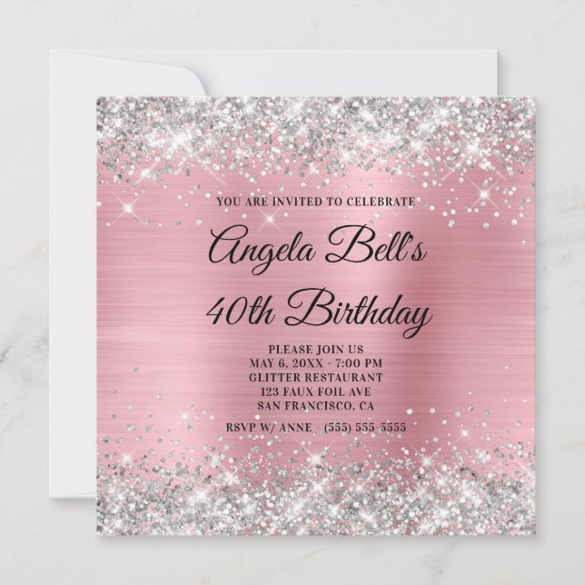 Silver Glitter Light Pink Shimmer Foil Monogram Invitation (Front)
