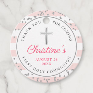 Silver Glitter Light Pink Stripes First Communion Favour Tags