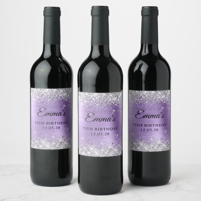 Silver Glitter Light Purple Foil 75th Birthday Wine Label (Bottles)