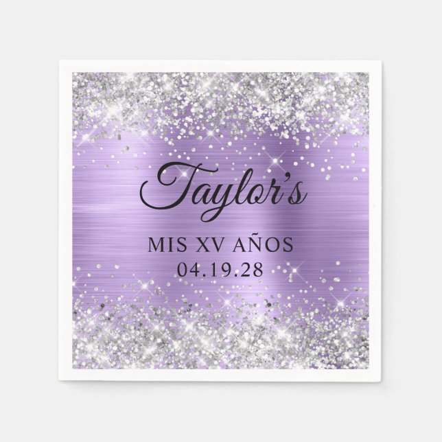 Silver Glitter Light Purple Foil Mis XV Anos Napkin (Front)