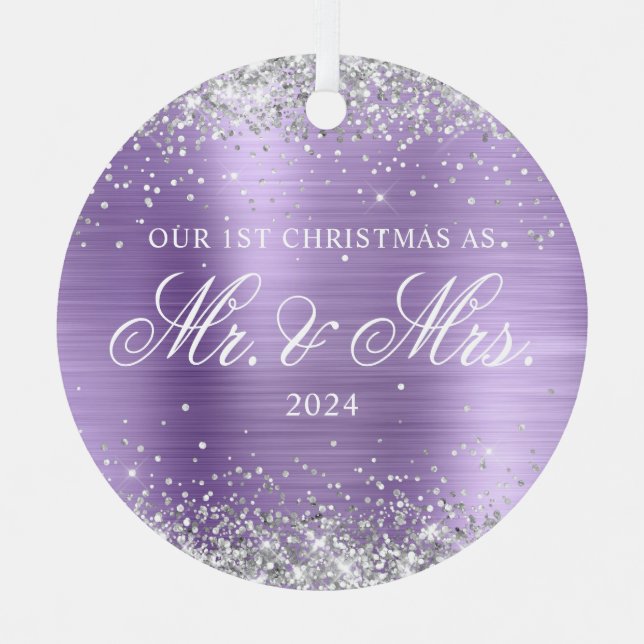 Silver Glitter Light Purple Foil Our 1st Christmas Metal Tree Decoration (Front)