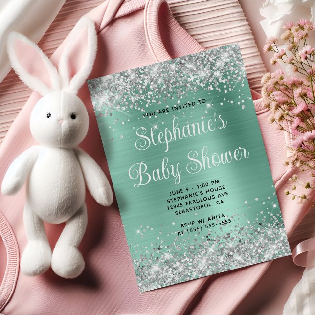 Silver Glitter Light Teal Baby Shower Invitation (Silver Glitter Light Teal Baby Shower Invitation)