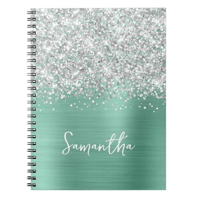 Silver Glitter Light Teal Glam Script Name Notebook (Front)