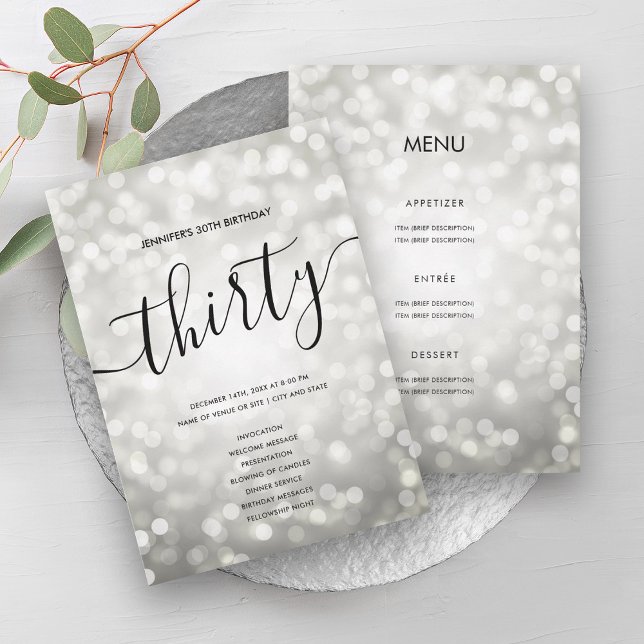 Silver Glitter Lights 30 Birthday Menu Program Invitation (Silver Glitter Lights 30 Birthday Menu Program)