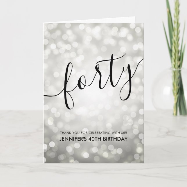 Silver Glitter Lights 40th Birthday Thank You Card (Front)