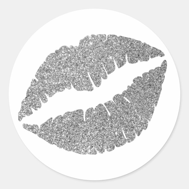 Silver Glitter Lips Classic Round Sticker (Front)