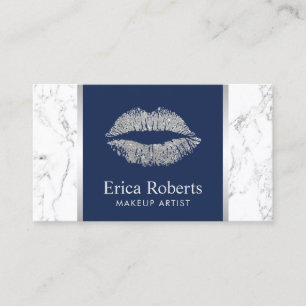 Silver Glitter Lips Navy Blue Elegant Marble Business Card