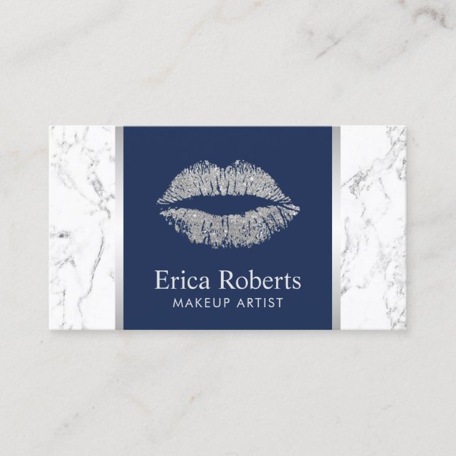 Silver Glitter Lips Navy Blue Elegant Marble Business Card (Front)