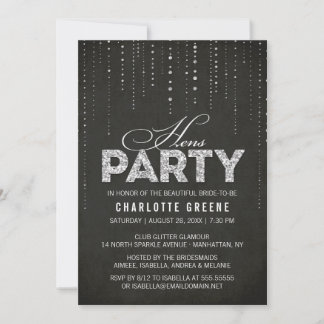 Silver Glitter Look Black Hens Party Invitation