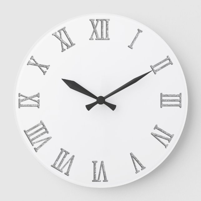 Silver Glitter Look Bold Roman Numerals Large Clock (Front)