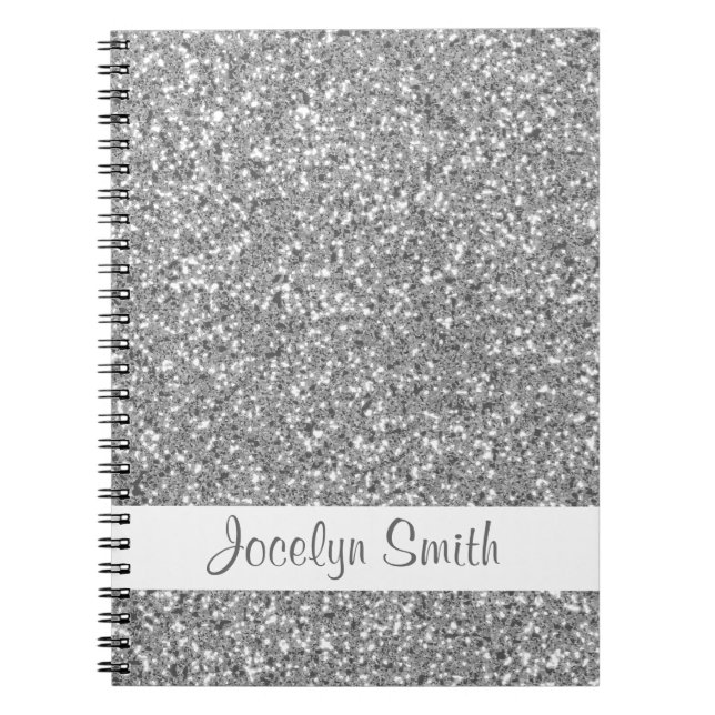 Silver Glitter Look-like And Name Spiral Notebook (Front)