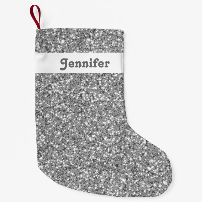 Silver Glitter Look-like With Custom Name Small Christmas Stocking (Front)