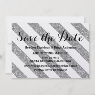 Silver Glitter Look Stripes Save the Date Invite
