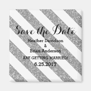 Silver Glitter Look Stripes Save the Date Magnet