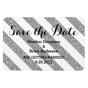 Silver Glitter Look Stripes Save the Date Magnet