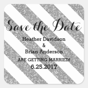 Silver Glitter Look Stripes Save the Date Stickers